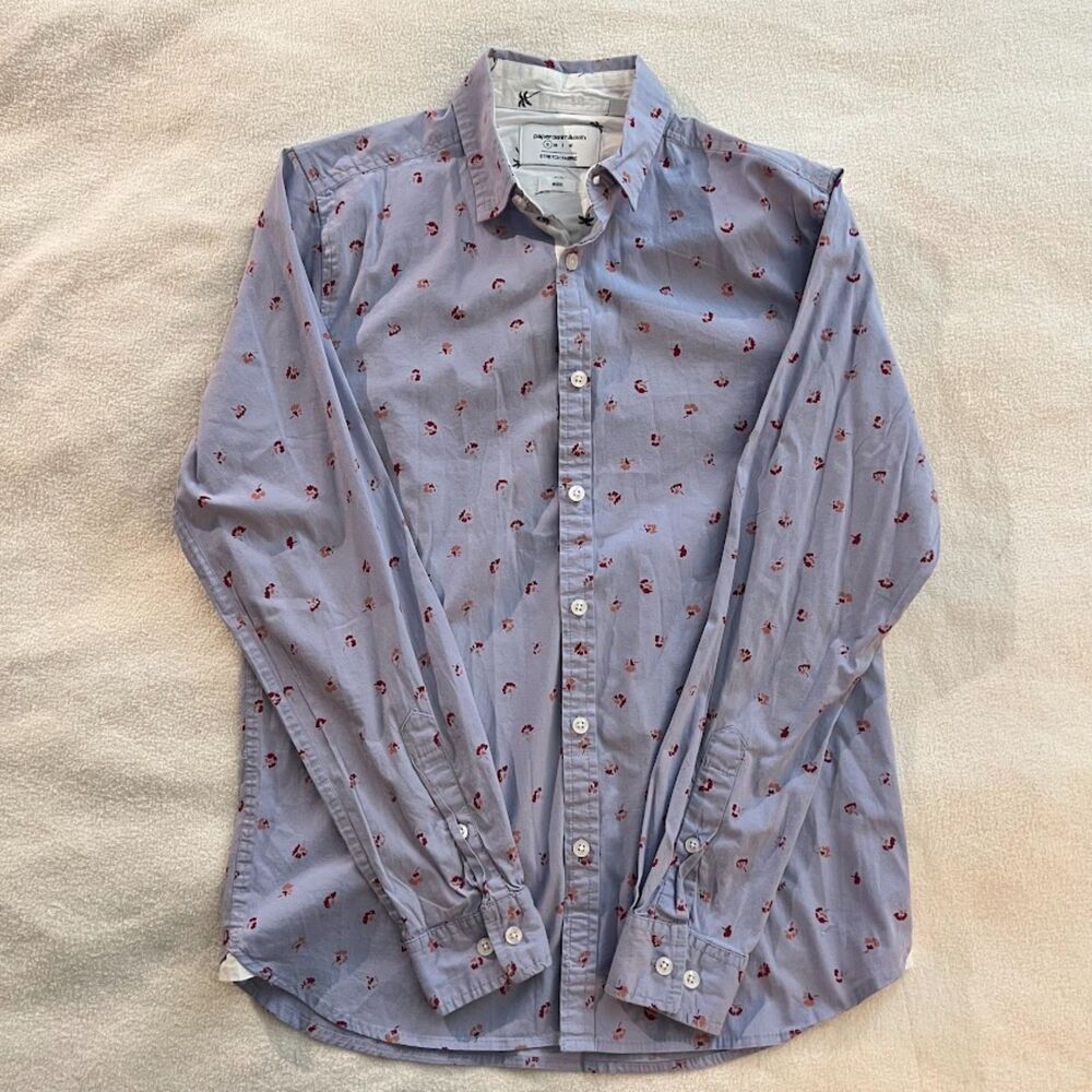 Paper Denim & Cloth Men's Shirt Slim Fit Stretch Lavender Ditsy Flowers, Size S